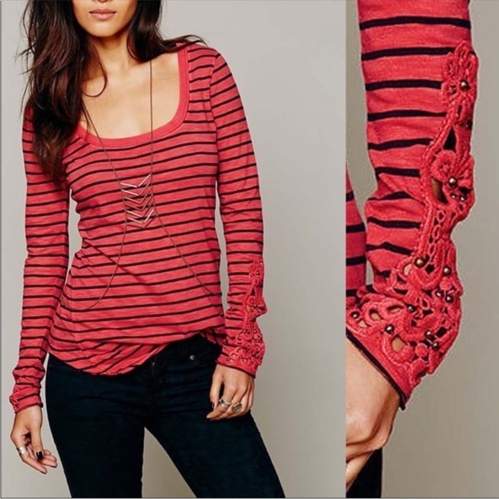 Free People Hard Candy Striped Henley Red‎ Crochet Cuffs